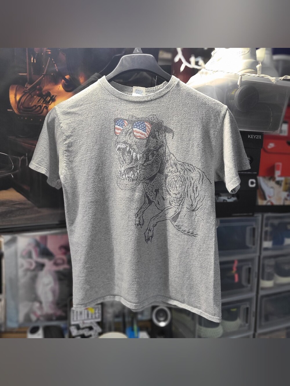 Delta Gray T‑Shirt with T‑Rex Graphic and Flag Sunglasses